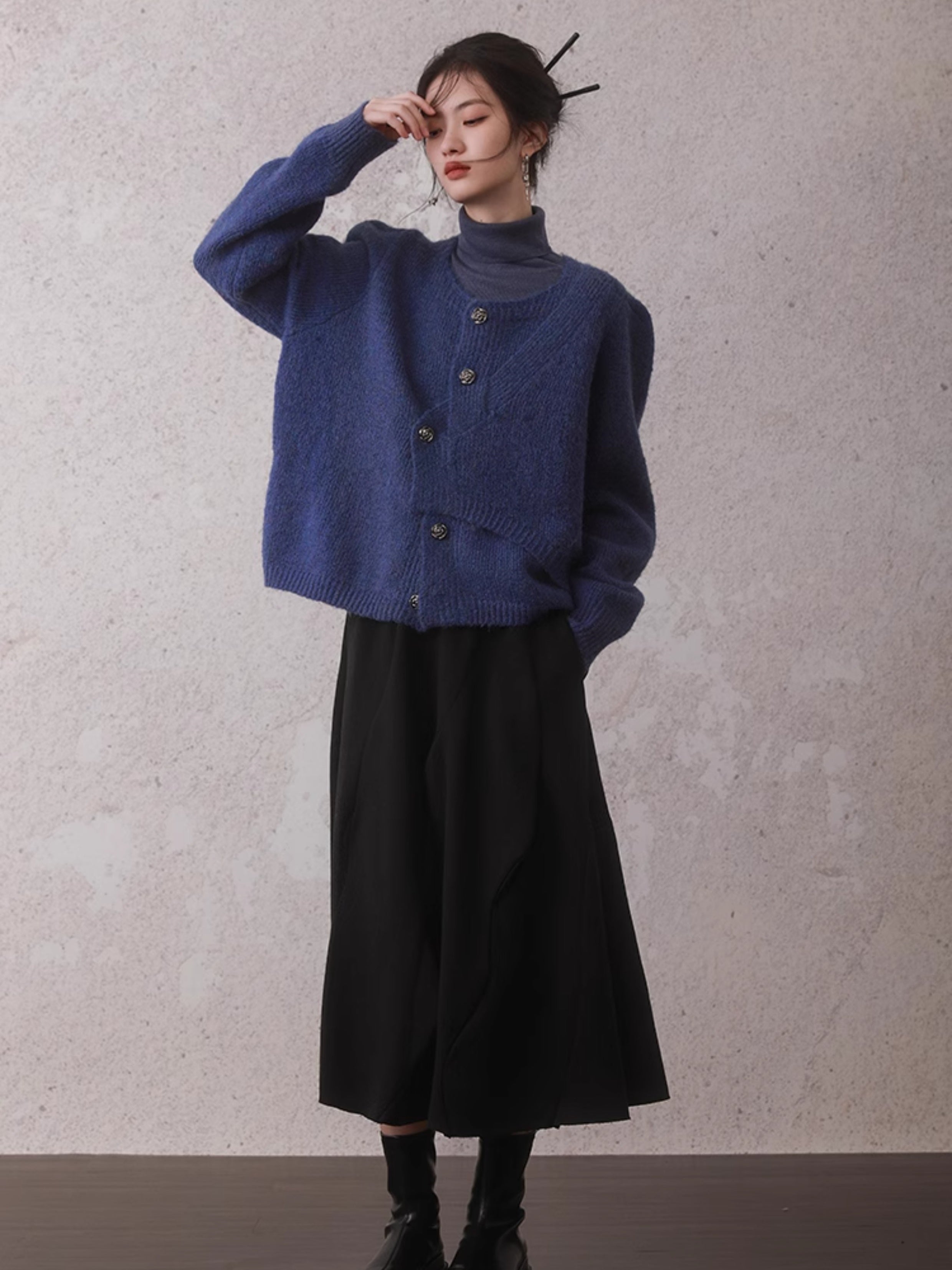 Irregular Button Round Neck Knitted Cardigan