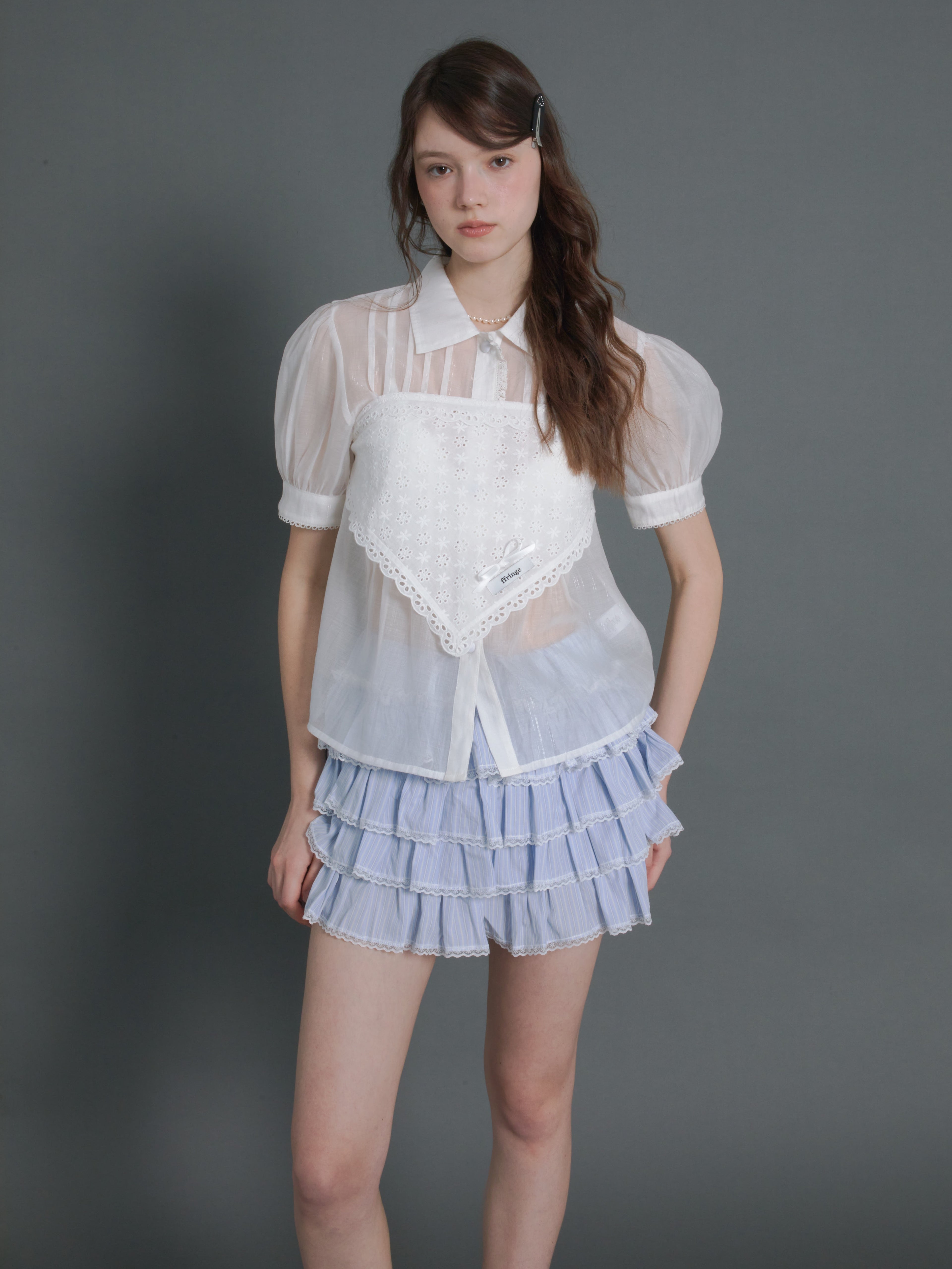 Pin Tuck Puff Sleeve Sheer Shirt