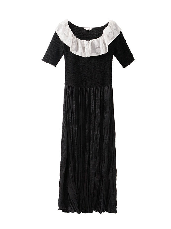 꽃 옷깃 하이 허리 작은 검은 드레스