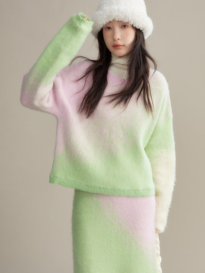 Gradient Color Sweater & Knitted Long Skirt