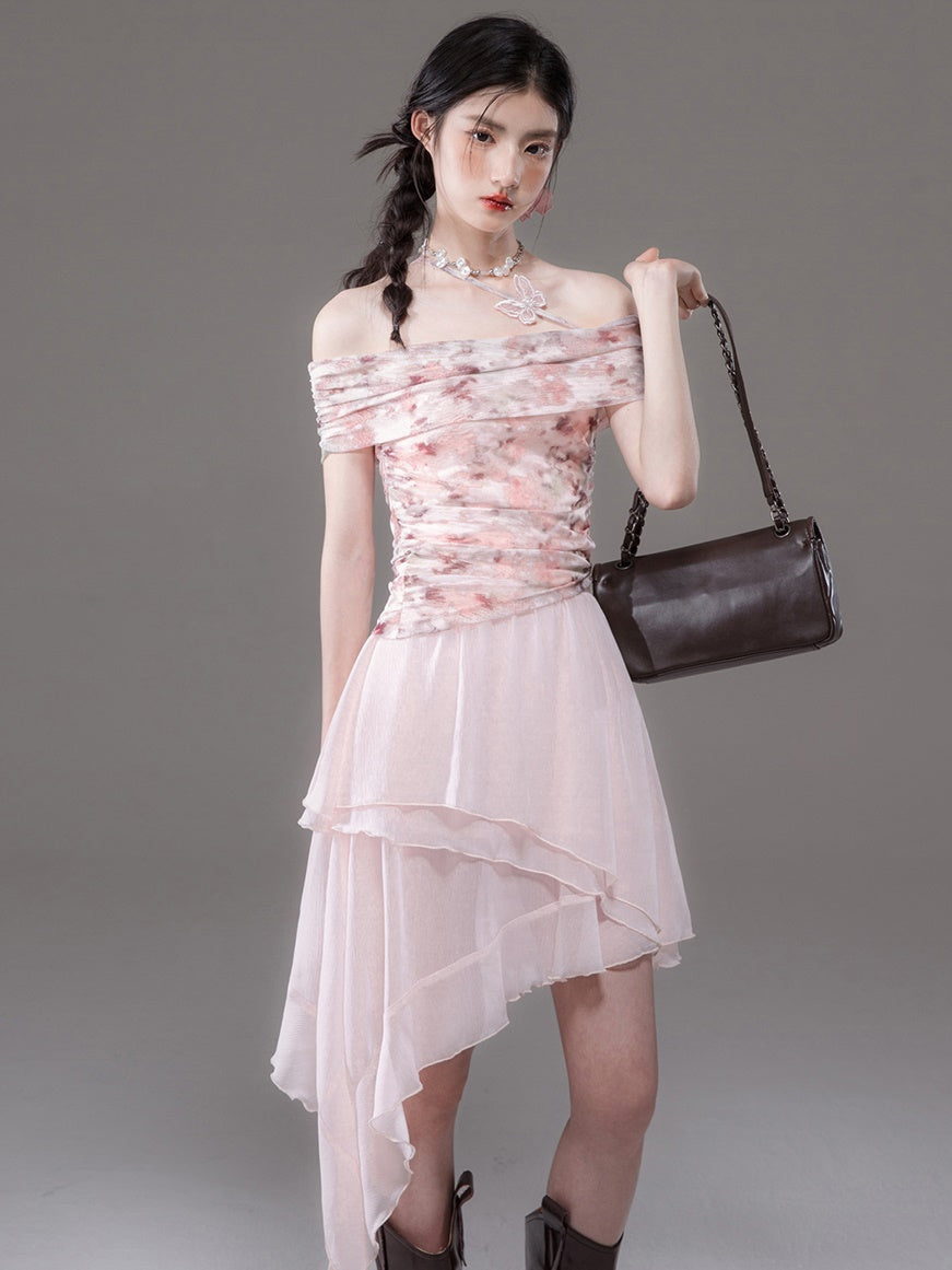Mesh Print Off-Shoulder Top & Layered Asymmetry Skirt Set-up