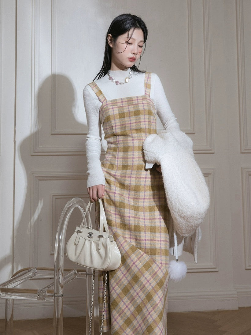 격자 무늬 서스펜더 긴 치마 & V 넥 스웨터