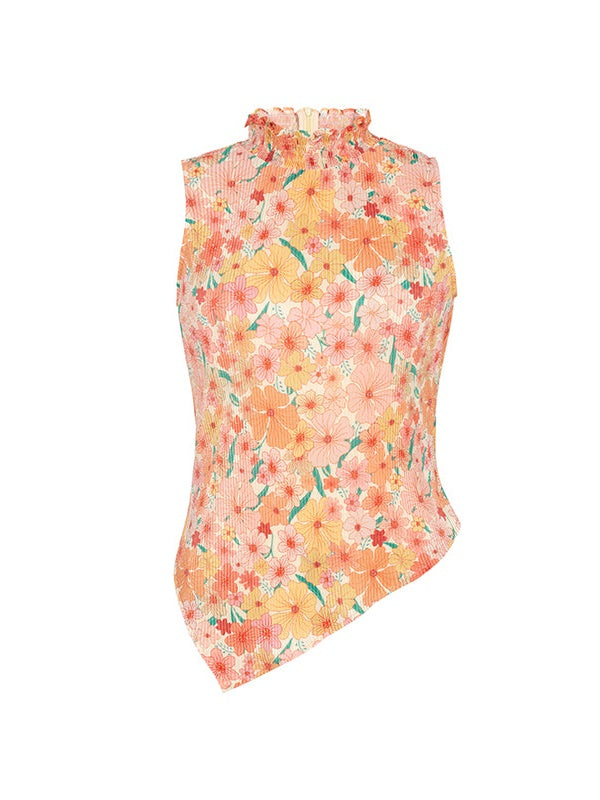 Top sans manches à collier rétro plissé haut de manches et jupe longue