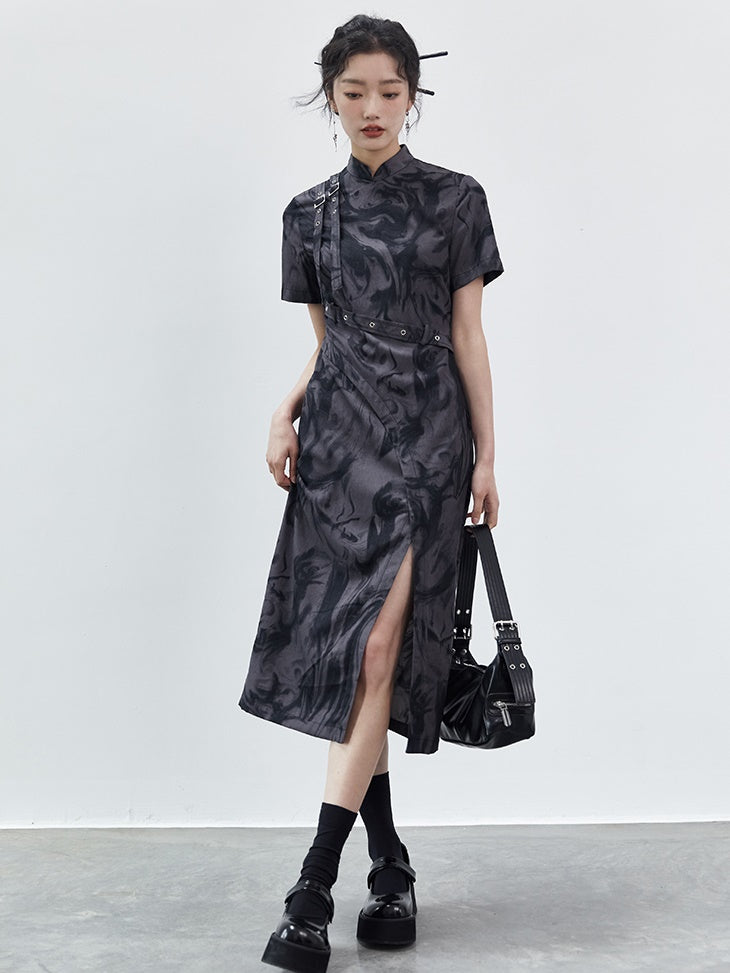 Tie-Dye Strap Design Cheongsam Short Sleeve Dress