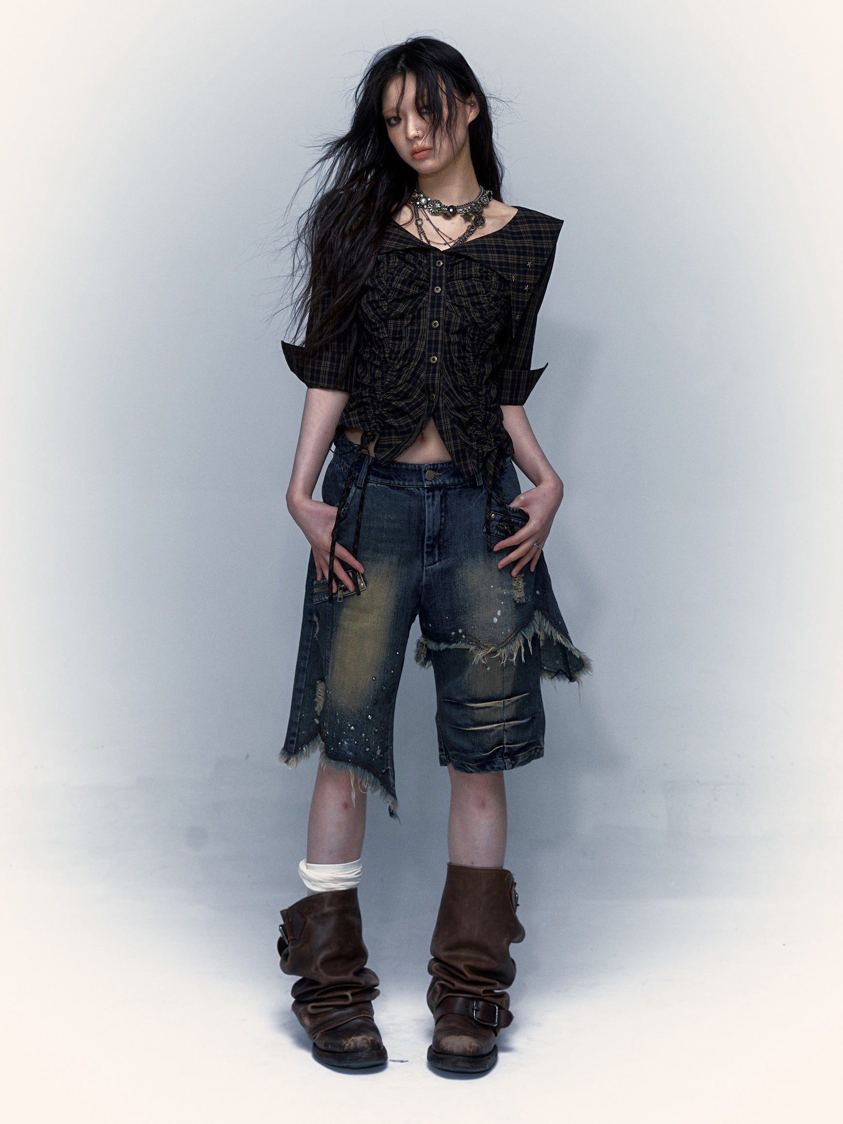 Palace Distressed Pleated Plaid Short Mid-sleeve Shirt