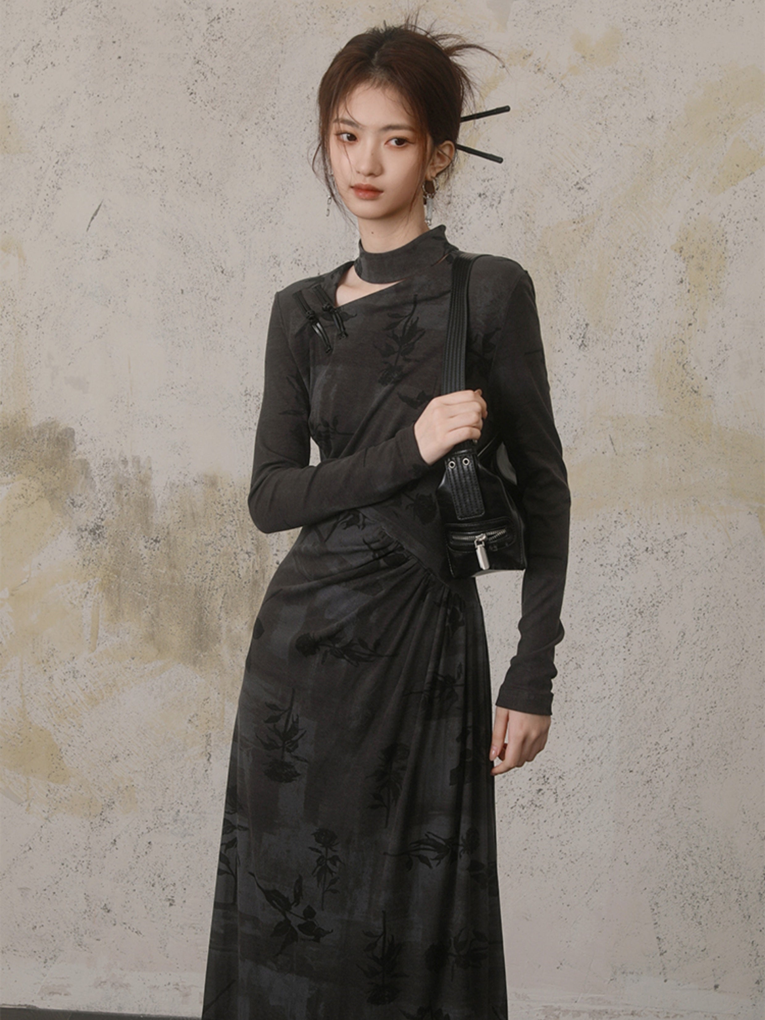 중국 스타일 인쇄 슬림 한 긴팔 드레스