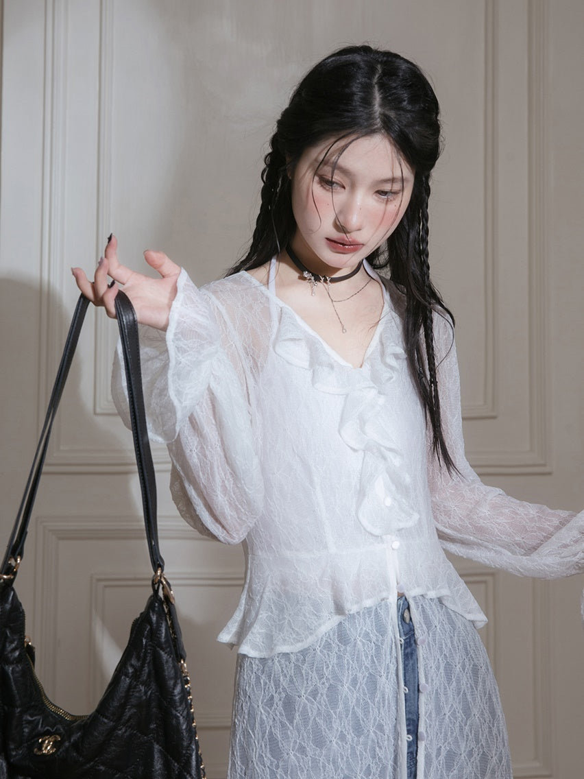 Lace V-neck Sheer Dress & Halter-neck Camisole Set-up