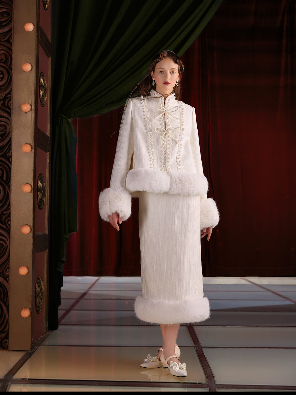 Lace Stitching Fur Mao-Collar Jacket & Skirt