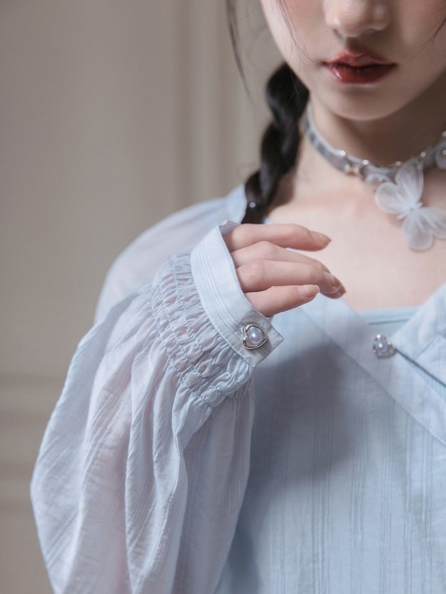 Oblique Placket Tie Sheer Shirt & Camisole Set-up