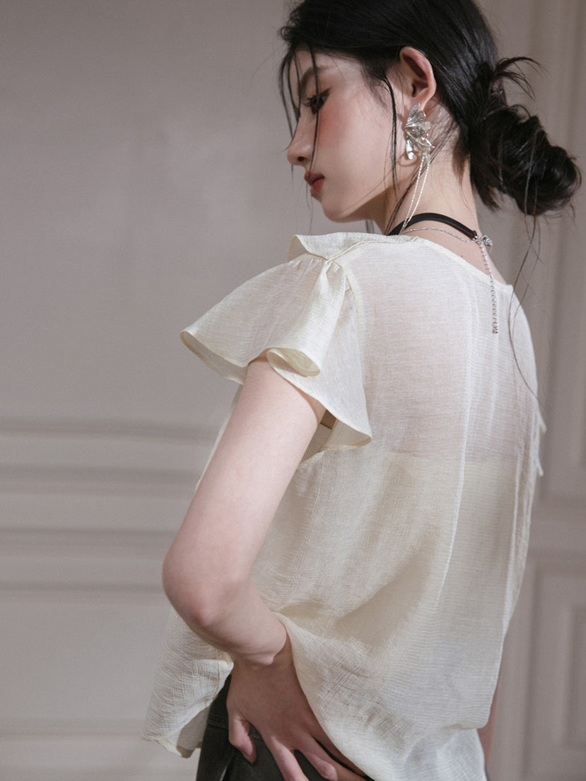 Romantic Curve Ruffle Chiffon Shirt & Tube Top Set-up