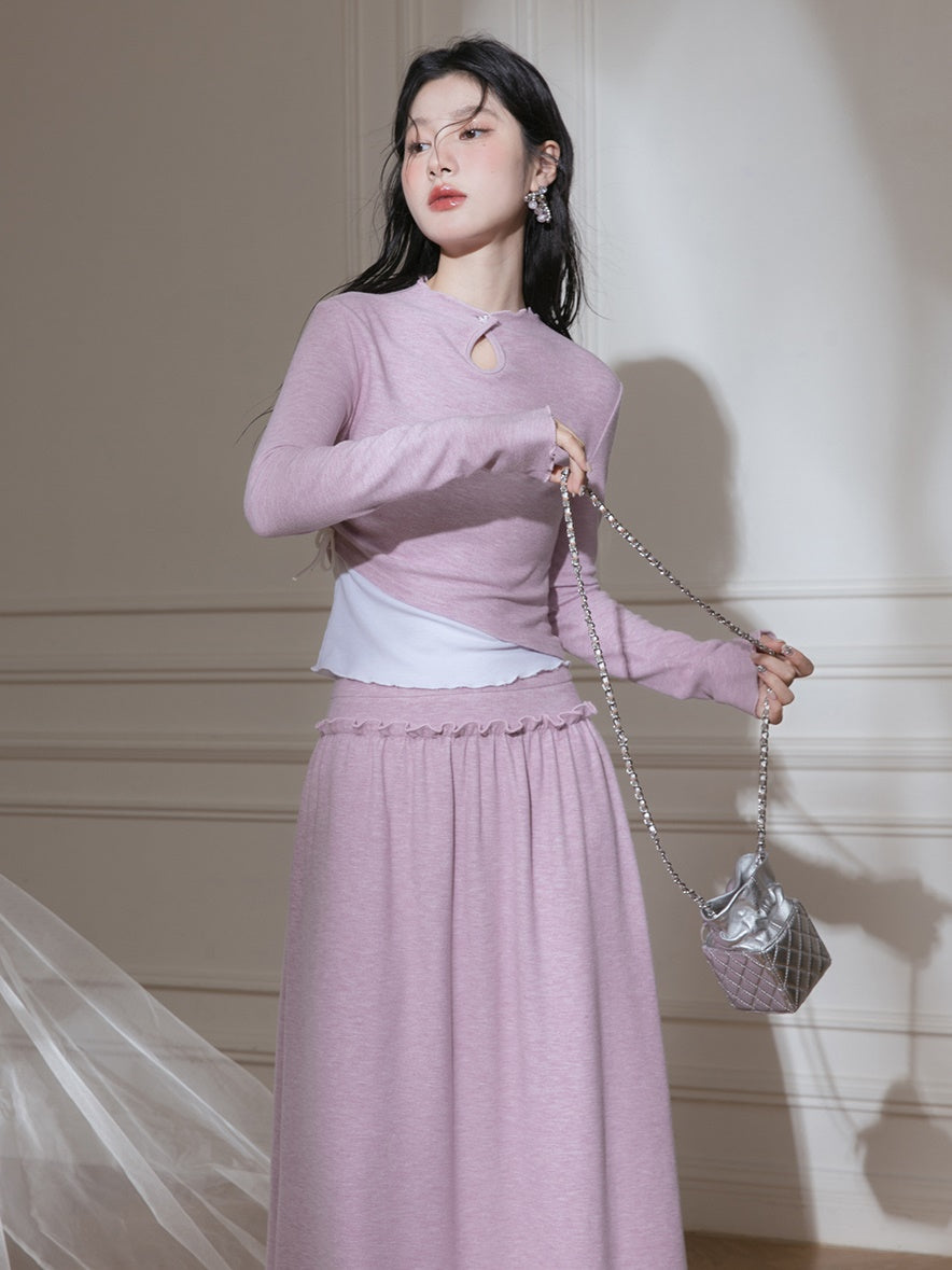 Layered Design Knitted Smocked Top & Skirt Set-up