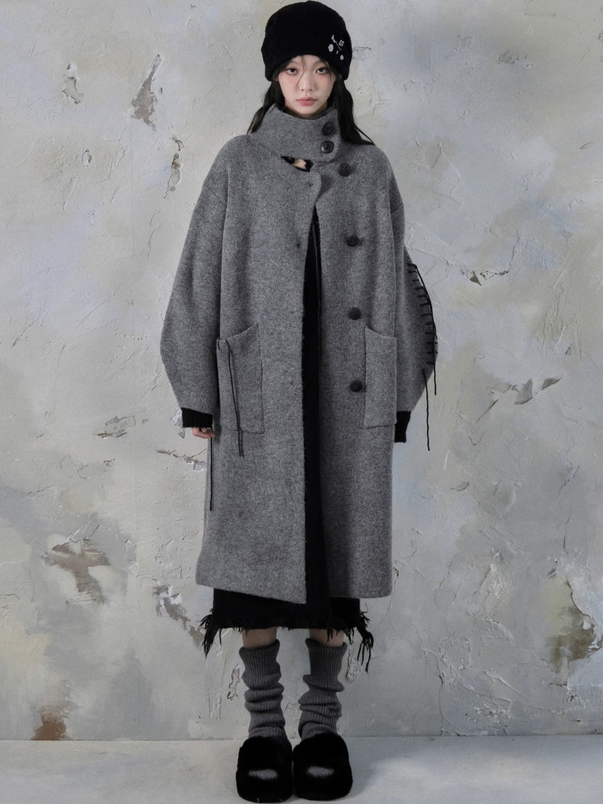 High-Neck Loose Long Soft Waxy Coat