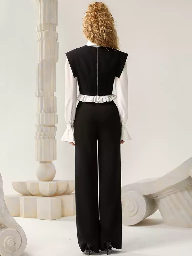 Blouse&Vest&Pants Chic Plaets Monotone Long-Sleeve Set-Up