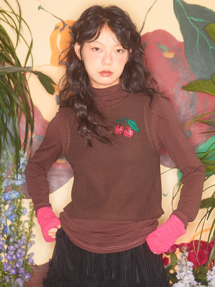 체리 자수 가짜 2 피스 바닥 셔츠