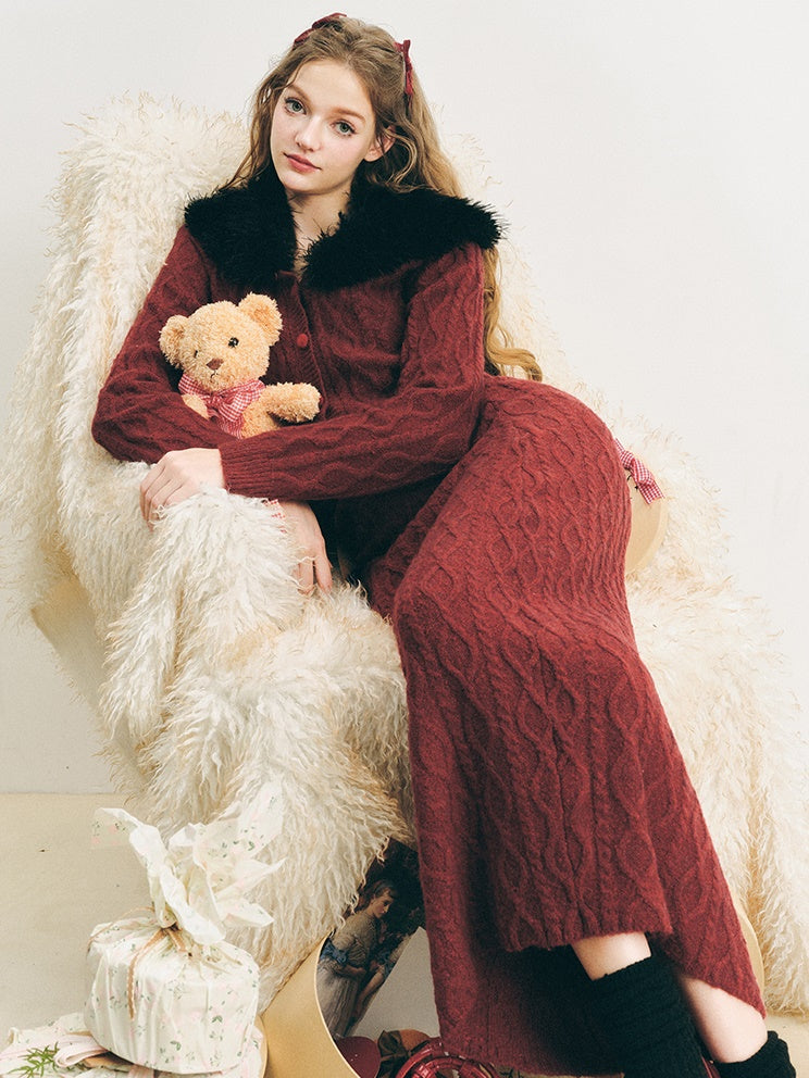 Fur Collar Twist Knitted Cardigan & Long Skirt