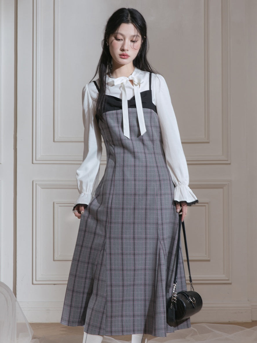 Plaid Suspender Jupe et Bow Tie Pullover Configuration