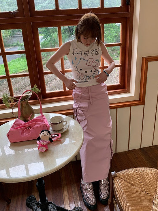 Ribbon Low-waist Tooling Long Skirt