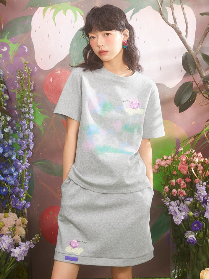 Retro Cherry Embroidery Gradient Loose T-shirt & Skirt