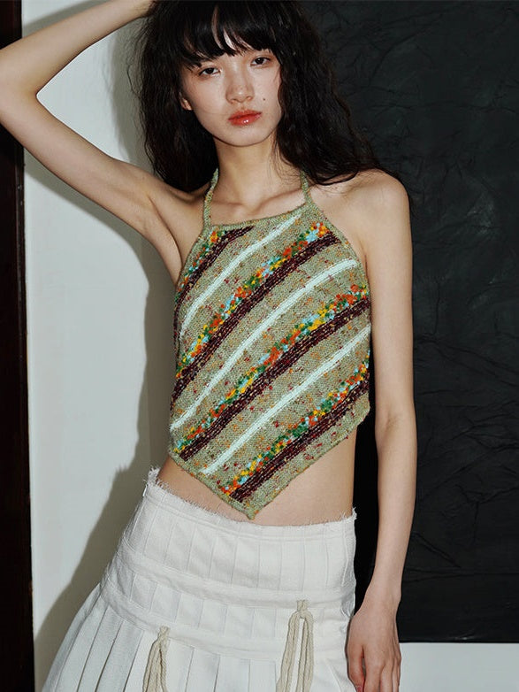 대조적 인 줄무늬 원사 니트 홀터 탱크 탑