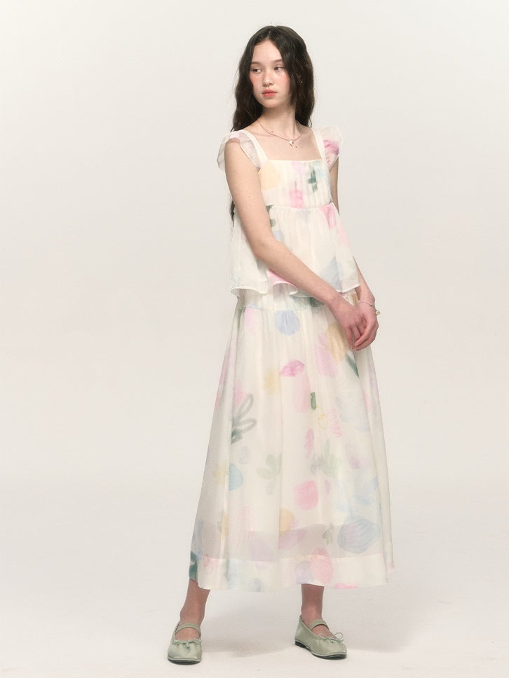 Printed Small Flying Sleeve Top & A-line Skirt