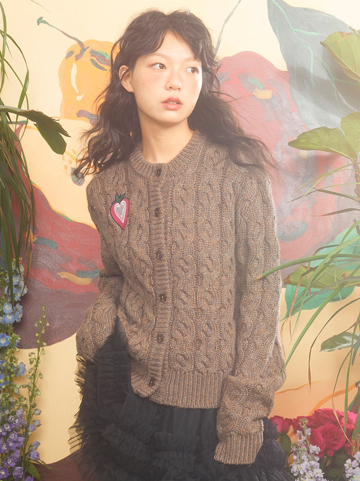 Love Strawberry Embroidered Cable Knitted Cardigan