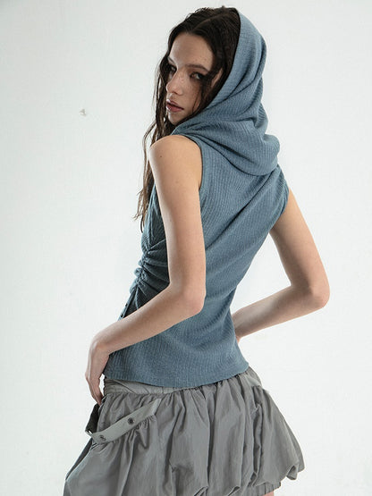 Hooded One-shoulder Swung Collar Knitted Vest