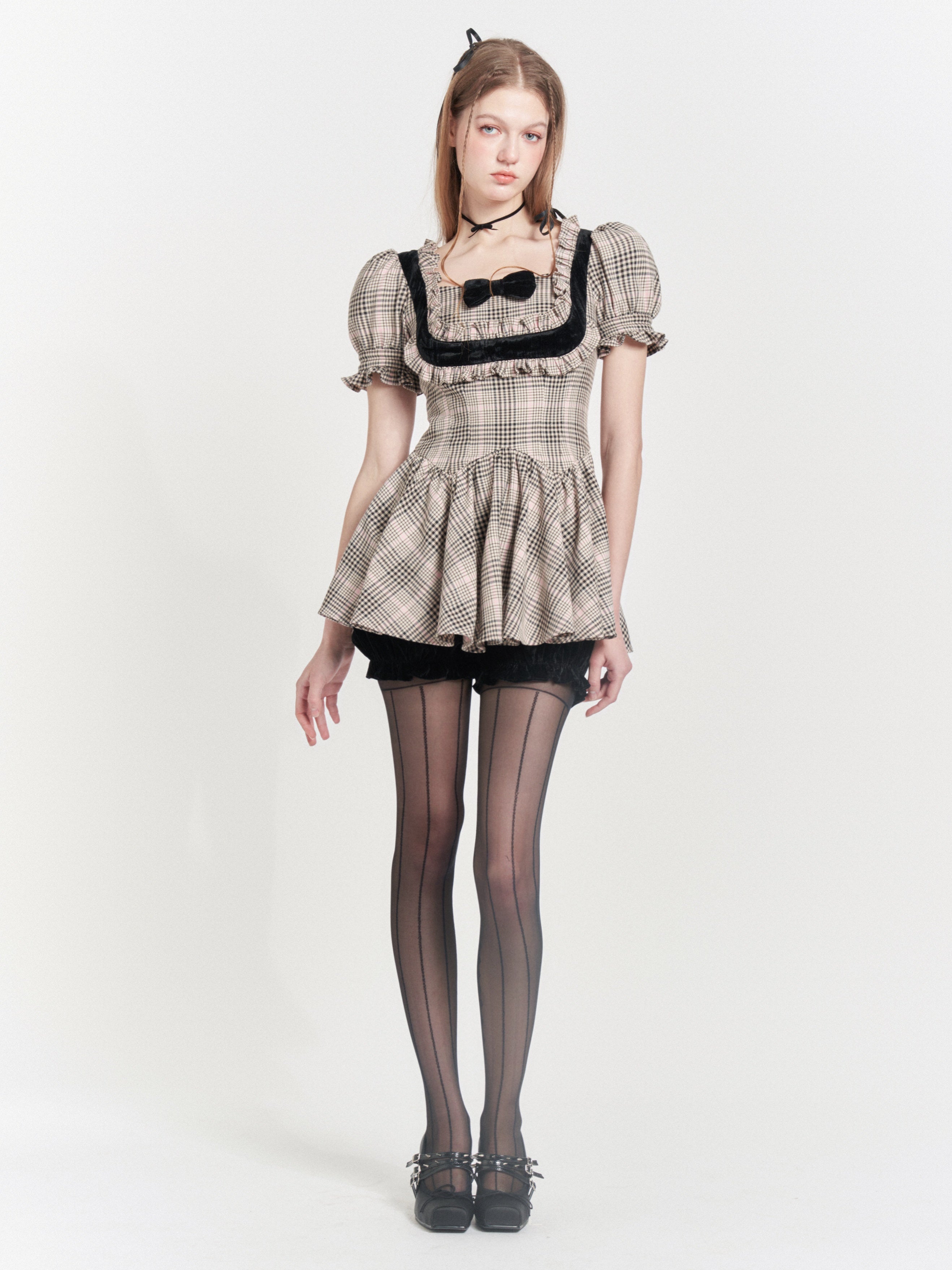 PLAID COLLEGE STYLE LACE SQUARE COLLAR FAKE TWO-PIECE Dress