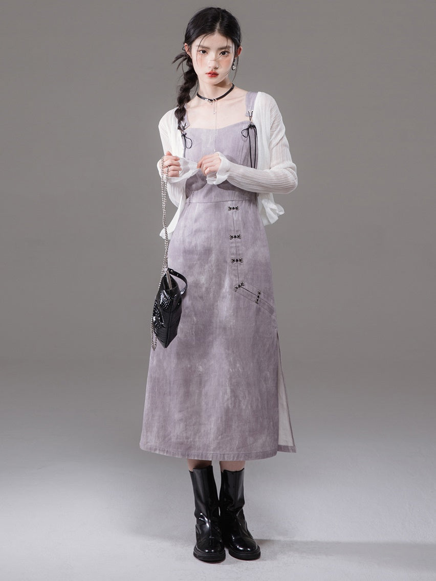 Chinese Style French Sleeve Cutsew & Tie-Dye Printed Suspender One-piece Set-up