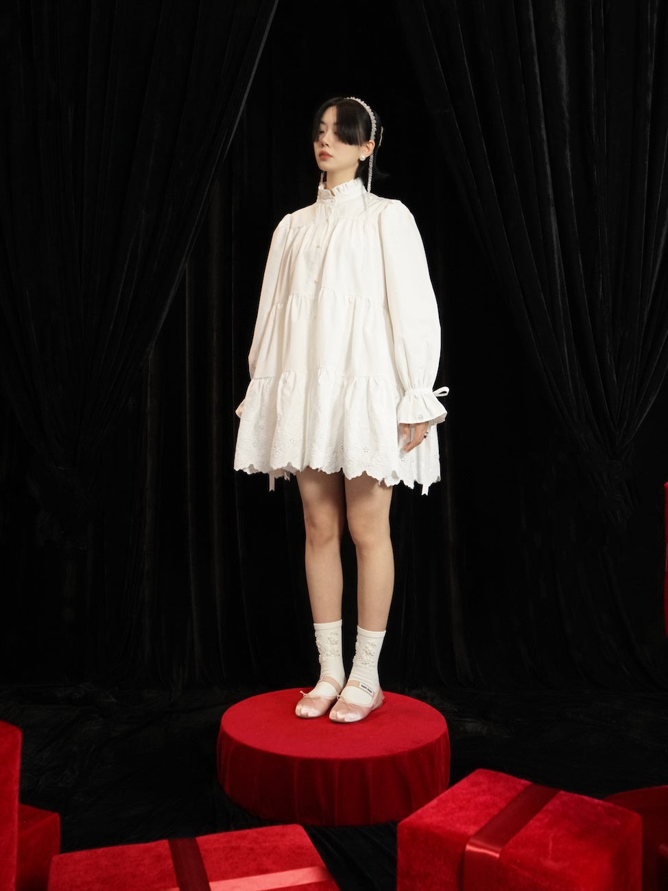 Sticked Tunika -Hemd mit Spitzenpuffärmel