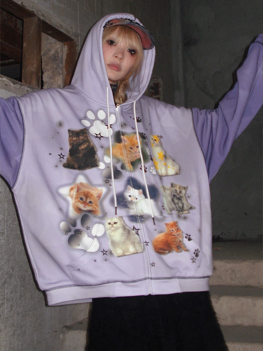 Cat Print ZIP-Up Hooded Sweat