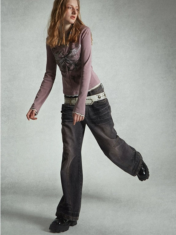 Retro Distressed Color Loose Wide-leg Jeans