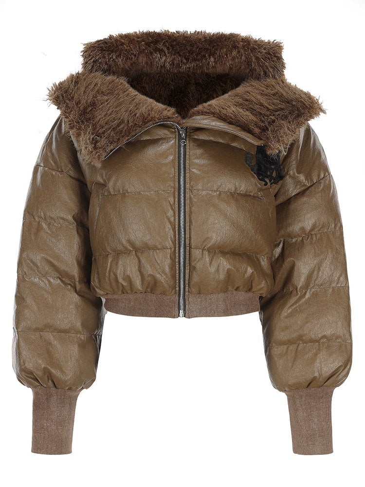 Fur Collar Short Down Jacket & Slant Zipper Skirt