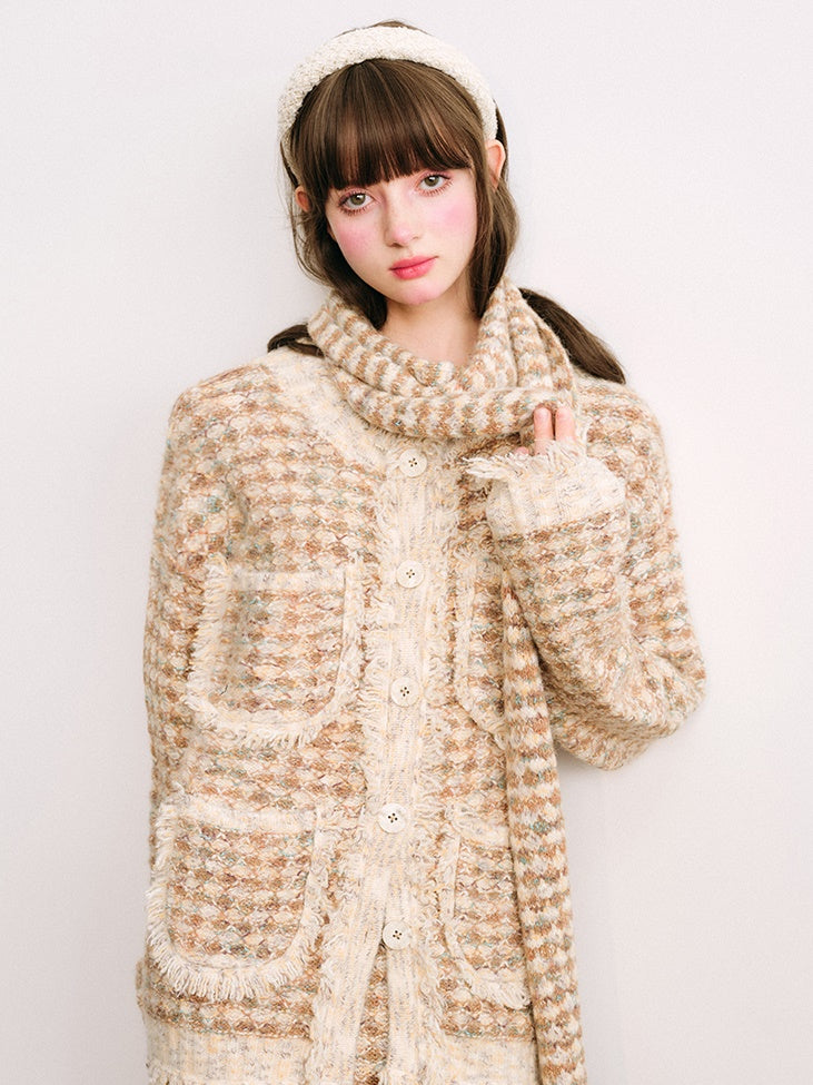 Knitted Fringe Cardigan Jacket With Stole & Long Skirt