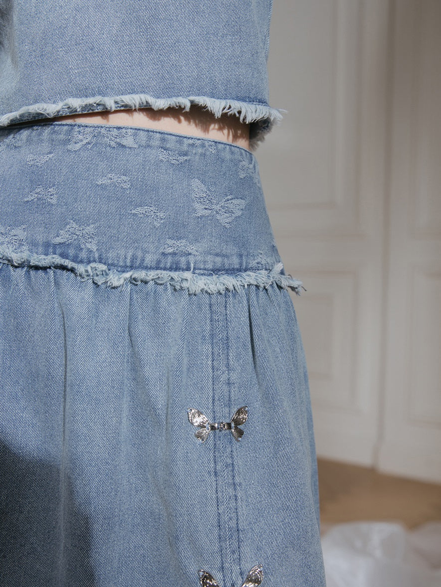 Butterfly Jacquard Denim Sleeveless Top & Skirt Set-up