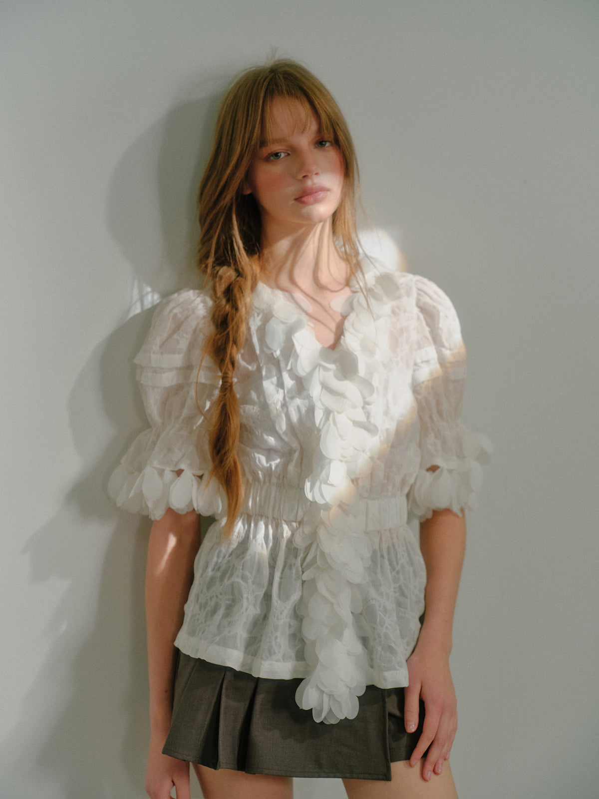 Fish Scale Lace Jacquard Puff Sleeve Short-sleeved Shirt