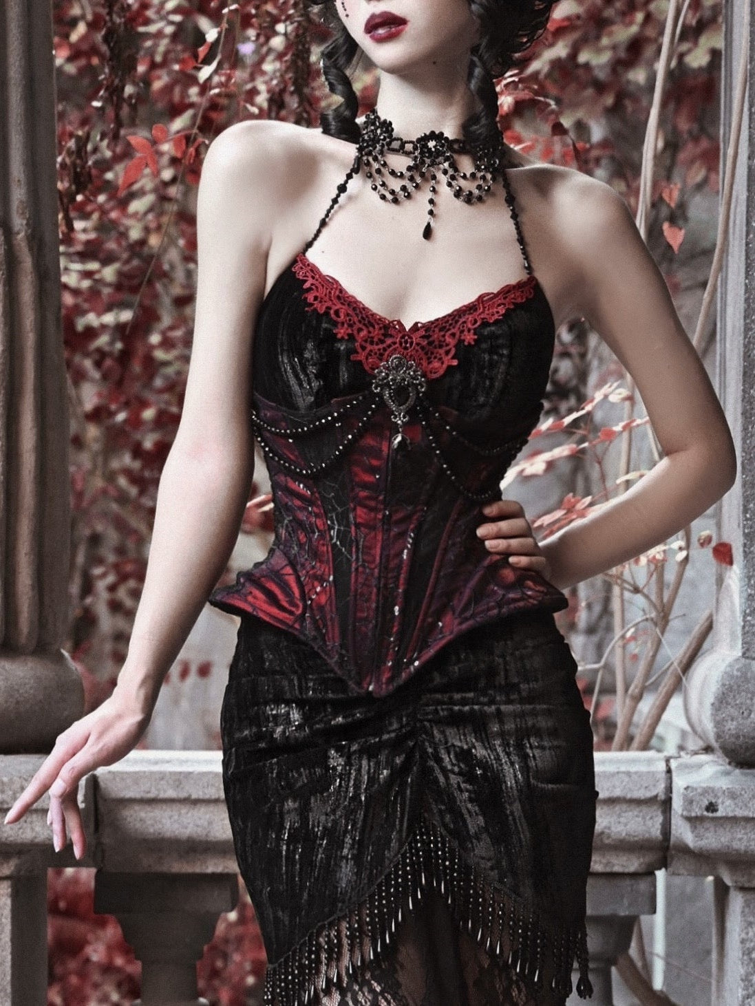 Gothic Velvet Slim Fishbone Corset & Bead Decoration Camisole