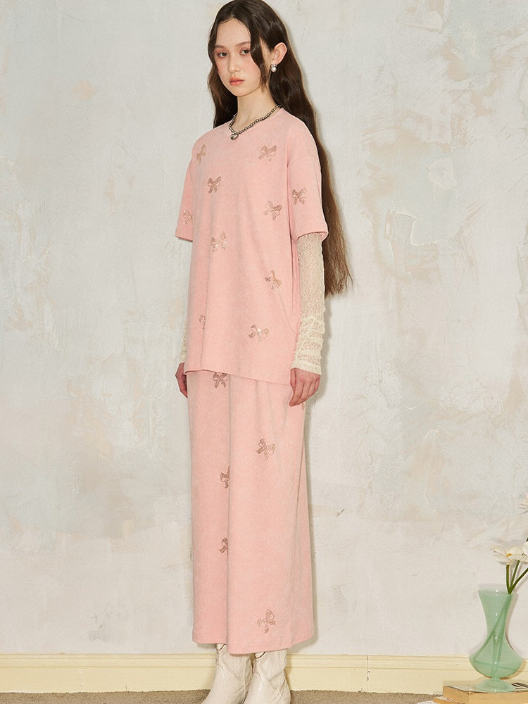 Ribbon Print Round Neck T-Shirt & Fit Slit Long Skirt