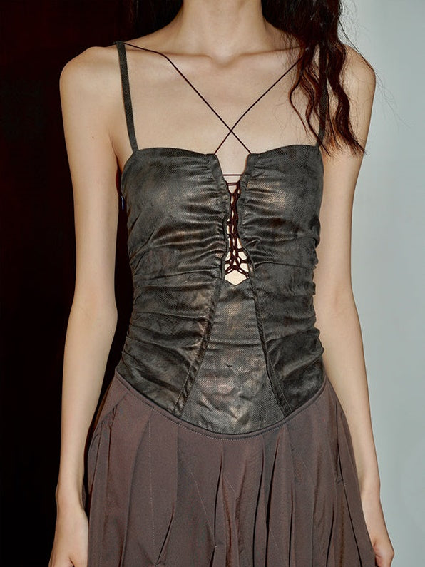 Polarized Faux Leather Hollow Suspender Long Dress
