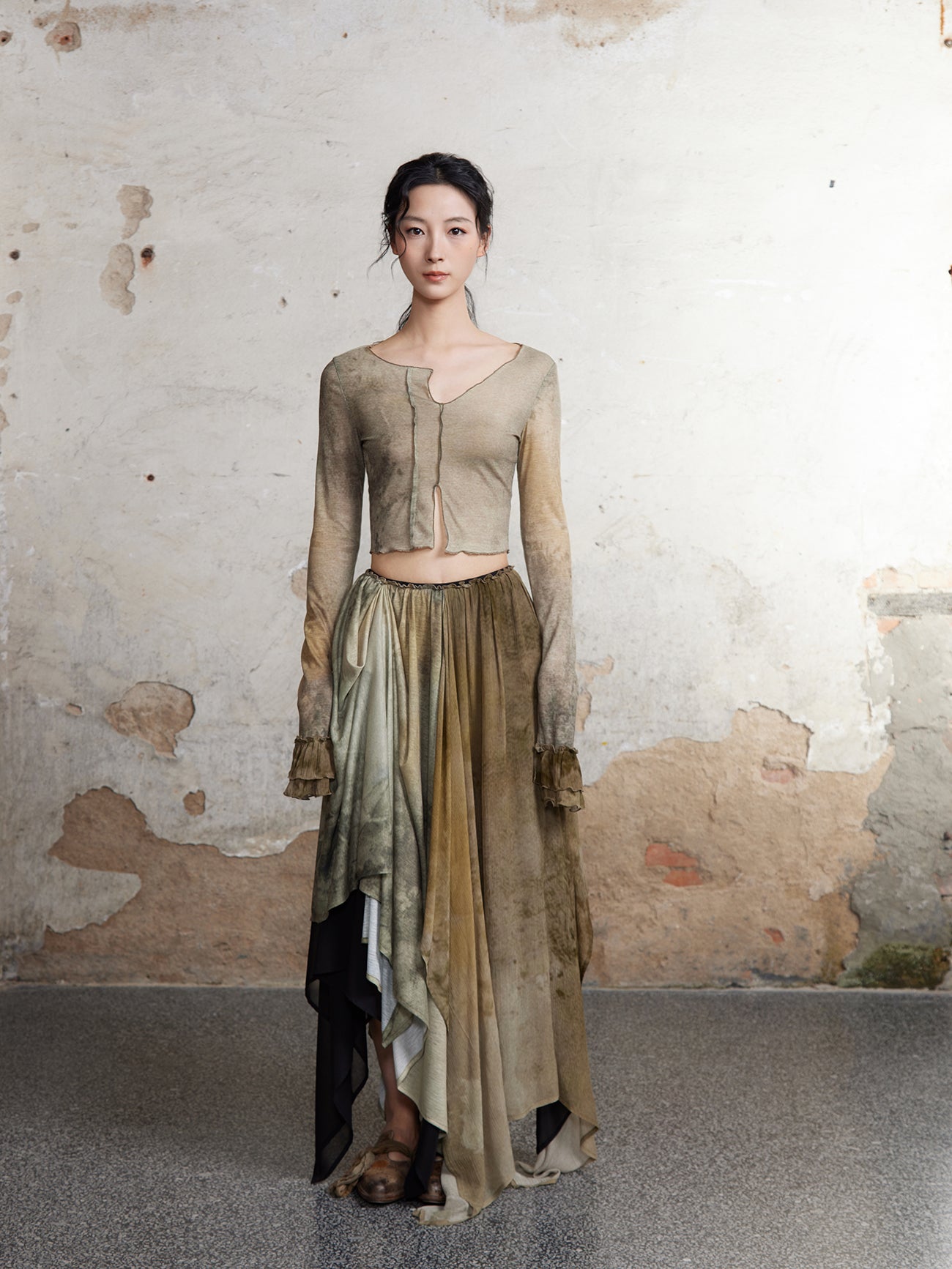Thin Plant Print Long-sleeved Lace T-shirt