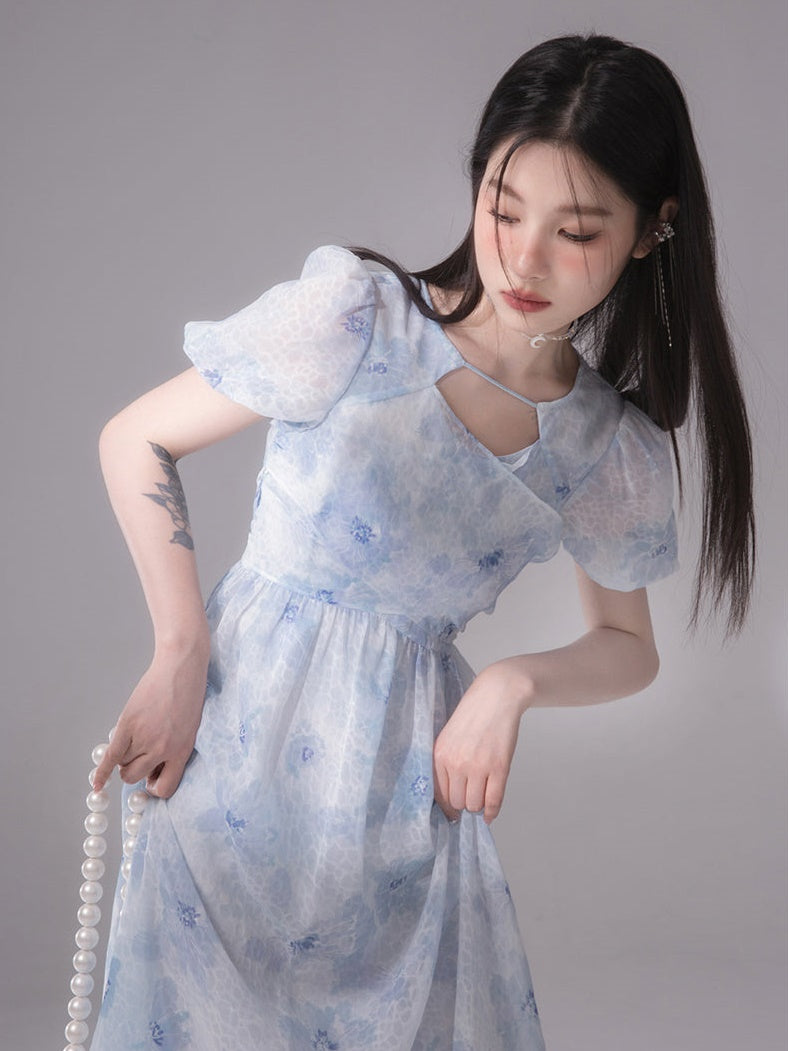 Fuzzy Printed Cross Chiffon One-piece