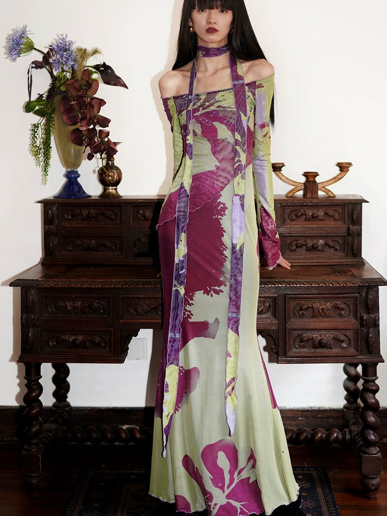 Chinese Style Printed Mesh Slim Long Dress