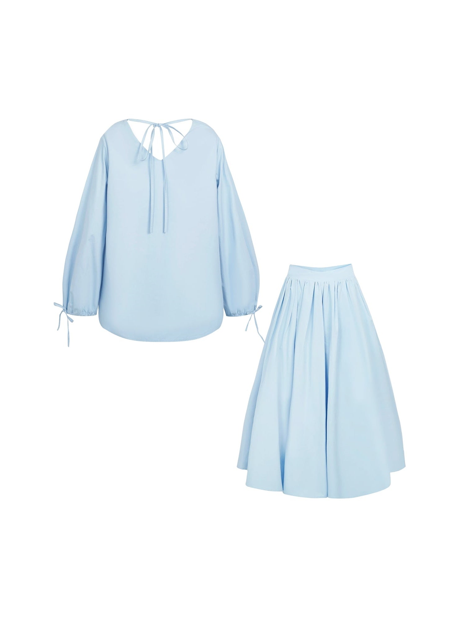 V-neck 2Way Long-sleeve Ribbon Shirtle & Long Skirt