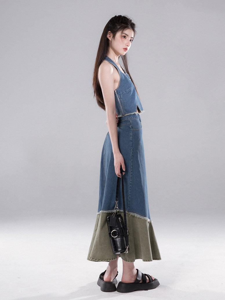 Denim-Halfterhalsweste & Fishtail-Rock Setup