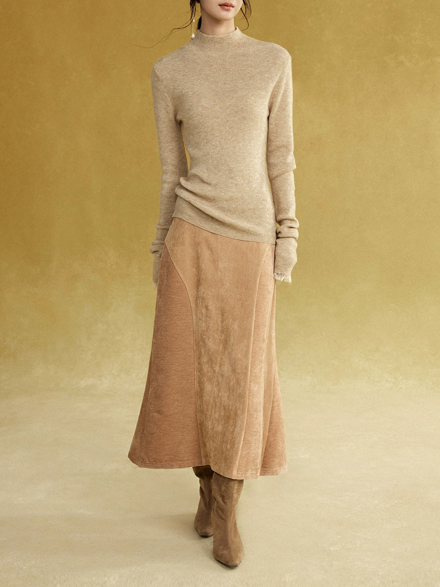 Fake Suede Curved Patchwork Skirt