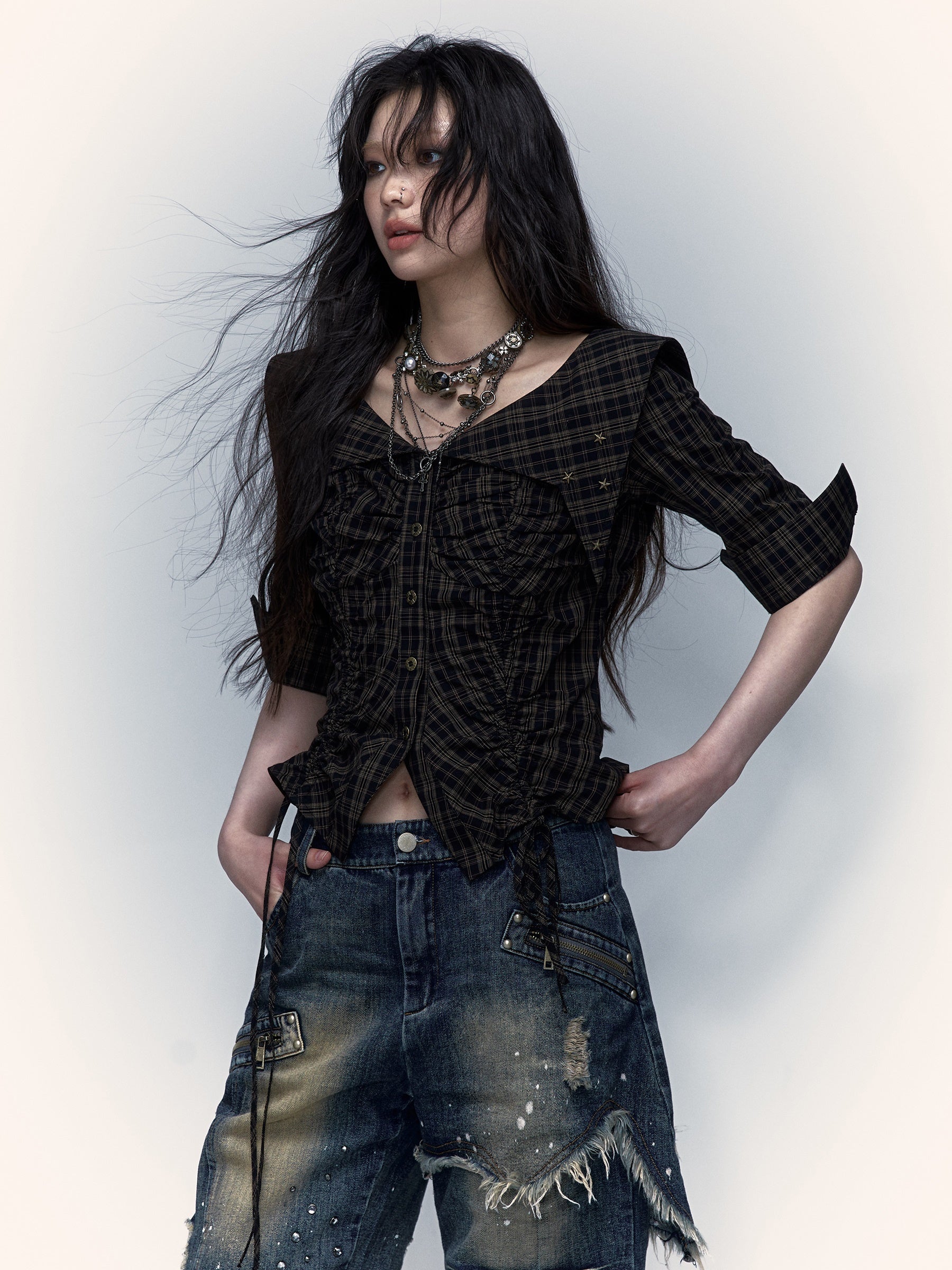 Palace Distressed Pleated Plaid Short Mid-sleeve Shirt