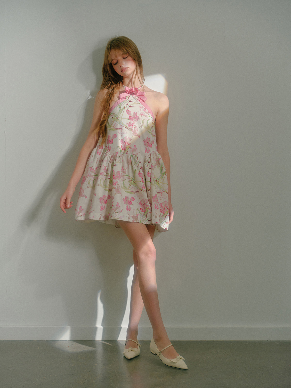 Halter Neck Floral Printed Sweet Bow Puffy Dress