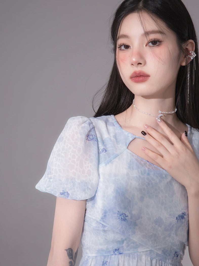 Fuzzy Printed Cross Chiffon One-piece