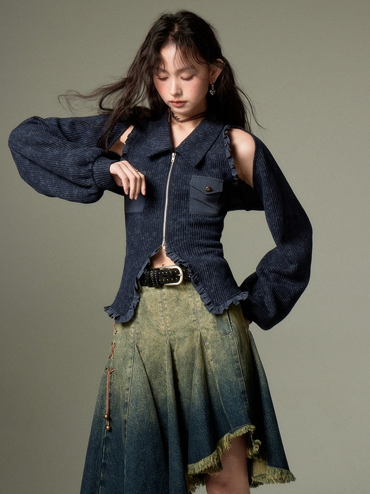 Polo Collar Knitted Sleeveless Top & Shawl Cardigan Set-up