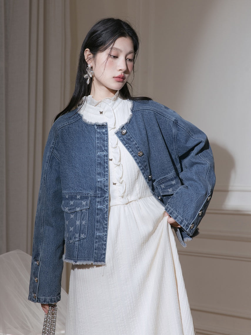 Raw Edge Jacquard Denim Jacket & Butterfly Suspender Skirt