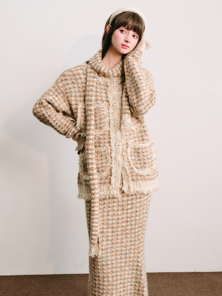 Knitted Fringe Cardigan Jacket With Stole & Long Skirt